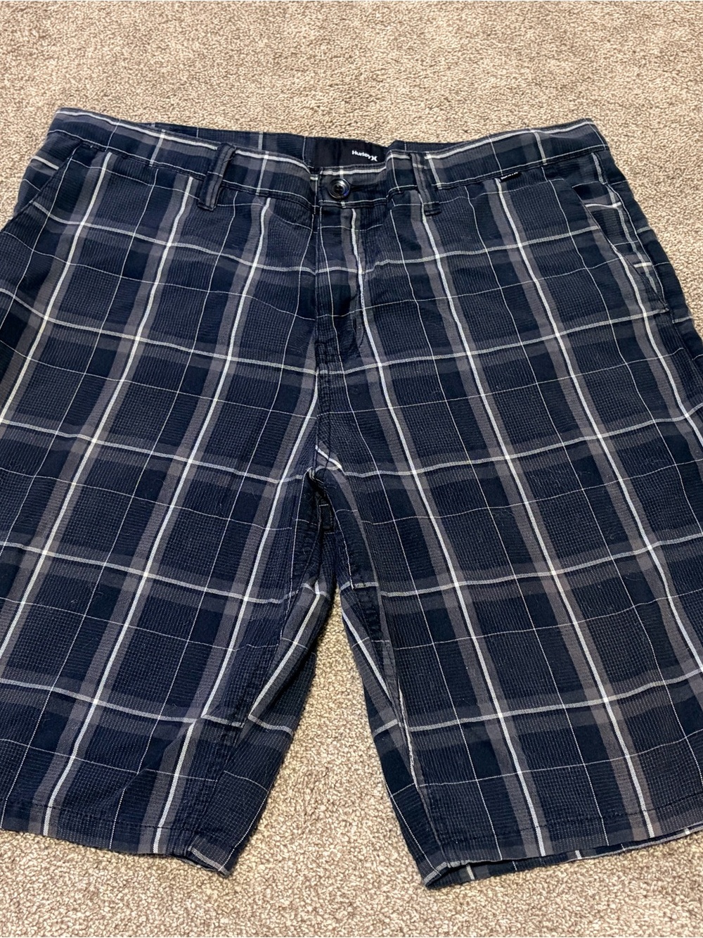 Hurley Navy and Gray Plaid Men’s Flat Front Shorts